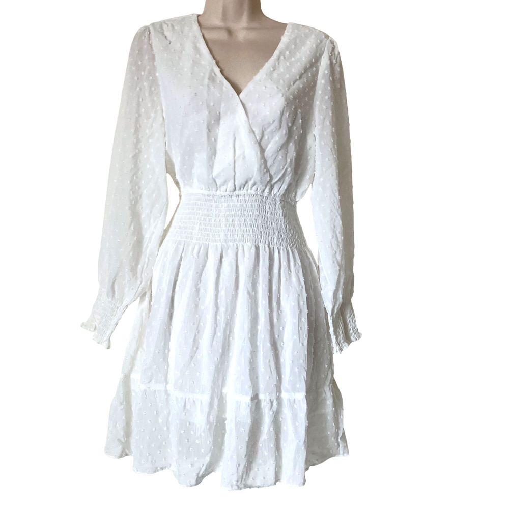 Magnolia Boutique White Swiss Dot Tiered Long Sleeve Smocked Faux Wrap Dress S